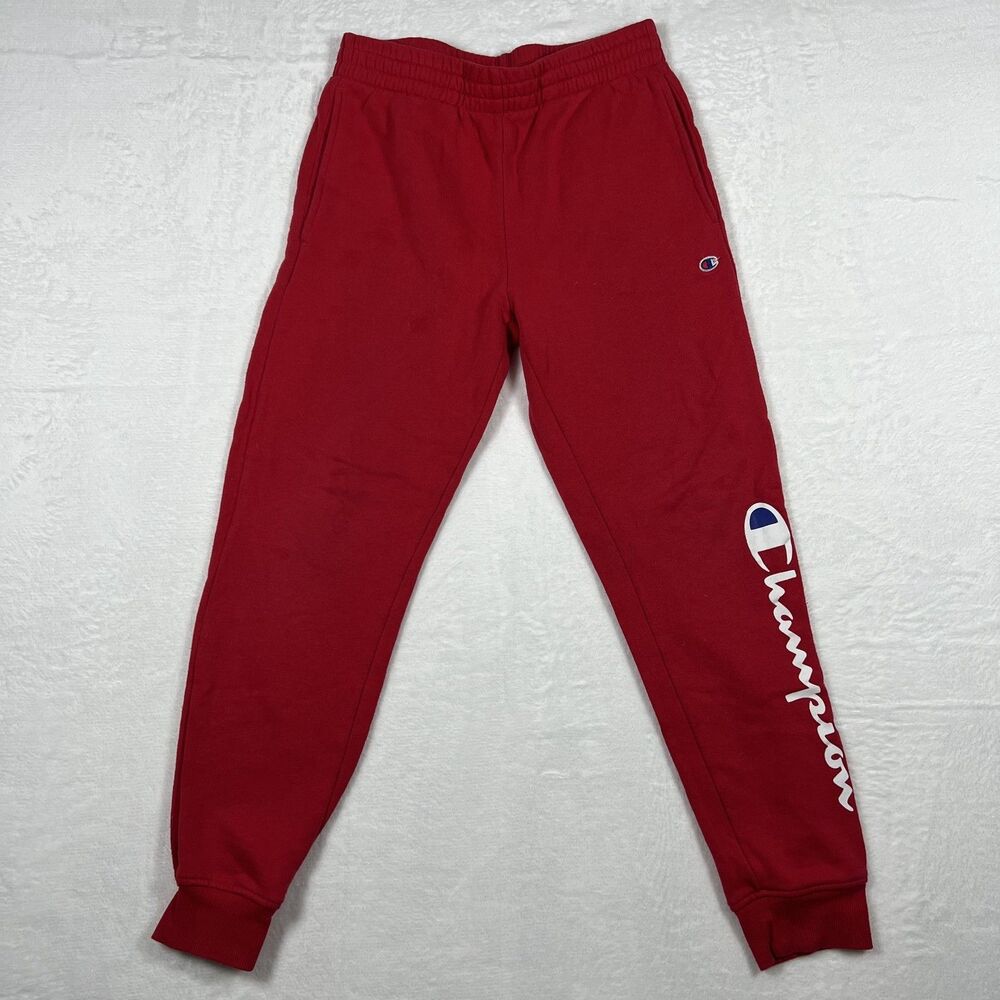 Champion Youth Joggers Sweatpants Red M 10/12 Script Logo Fleece Kids Athletic